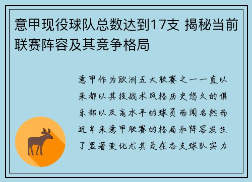 意甲现役球队总数达到17支 揭秘当前联赛阵容及其竞争格局